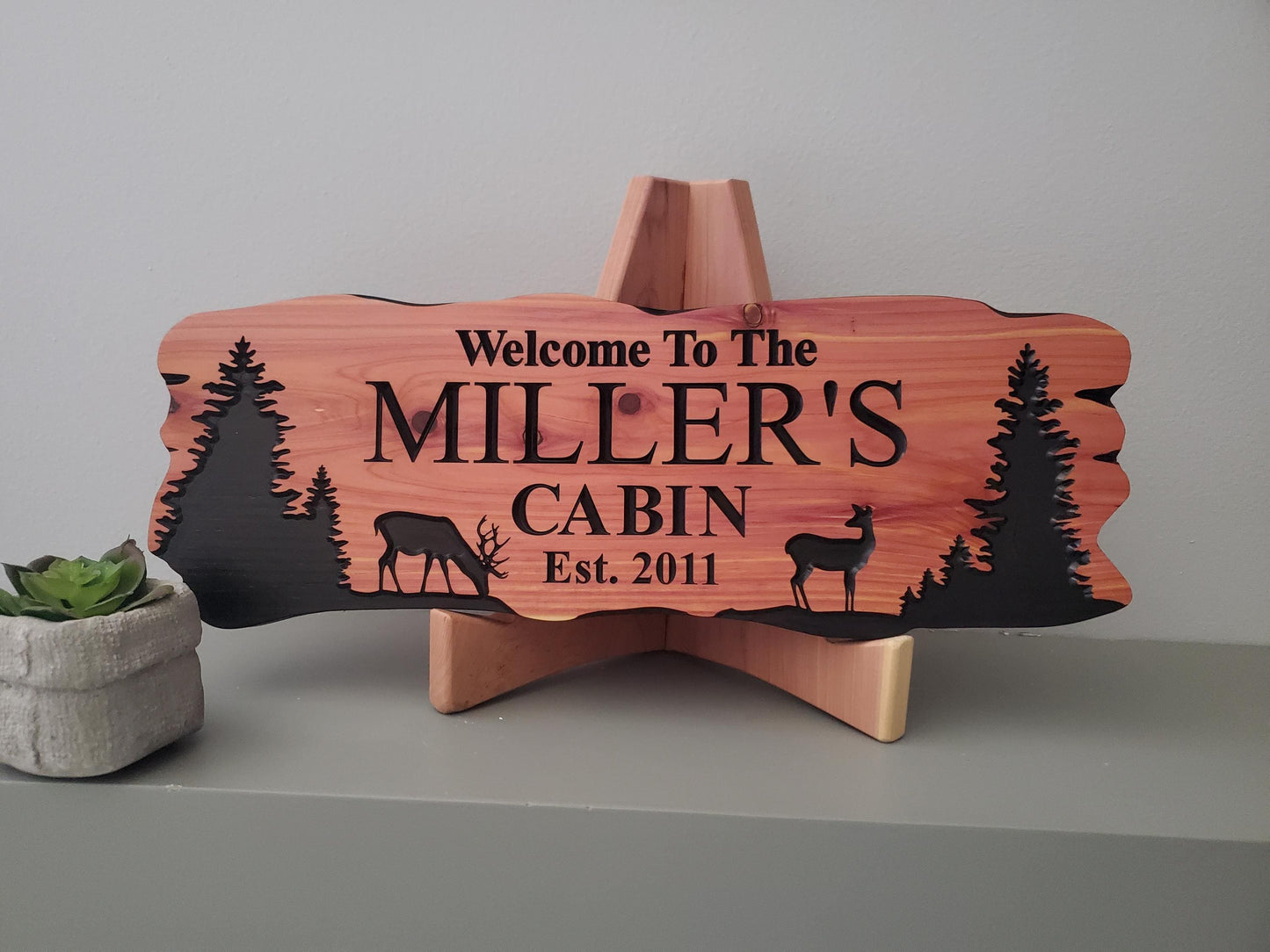 Custom Rustic Cabin Sign, Personalized Family Last Name Outdoor Wooden Plaque, Exterior Welcome With Established Date, Deer Camp Woods Scene