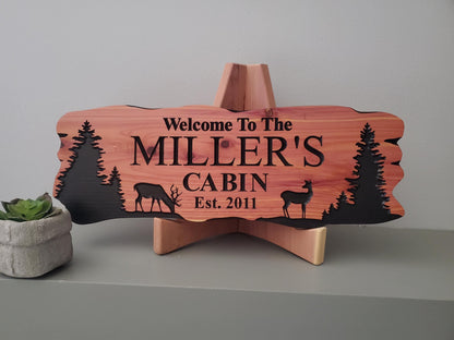 Custom Rustic Cabin Sign, Personalized Family Last Name Outdoor Wooden Plaque, Exterior Welcome With Established Date, Deer Camp Woods Scene