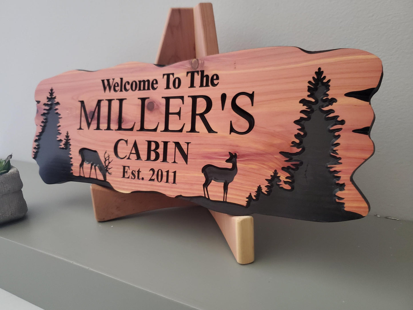 Custom Rustic Cabin Sign, Personalized Family Last Name Outdoor Wooden Plaque, Exterior Welcome With Established Date, Deer Camp Woods Scene