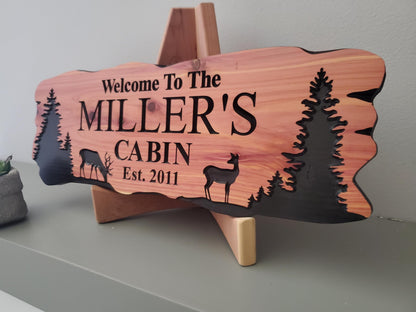 Custom Rustic Cabin Sign, Personalized Family Last Name Outdoor Wooden Plaque, Exterior Welcome With Established Date, Deer Camp Woods Scene