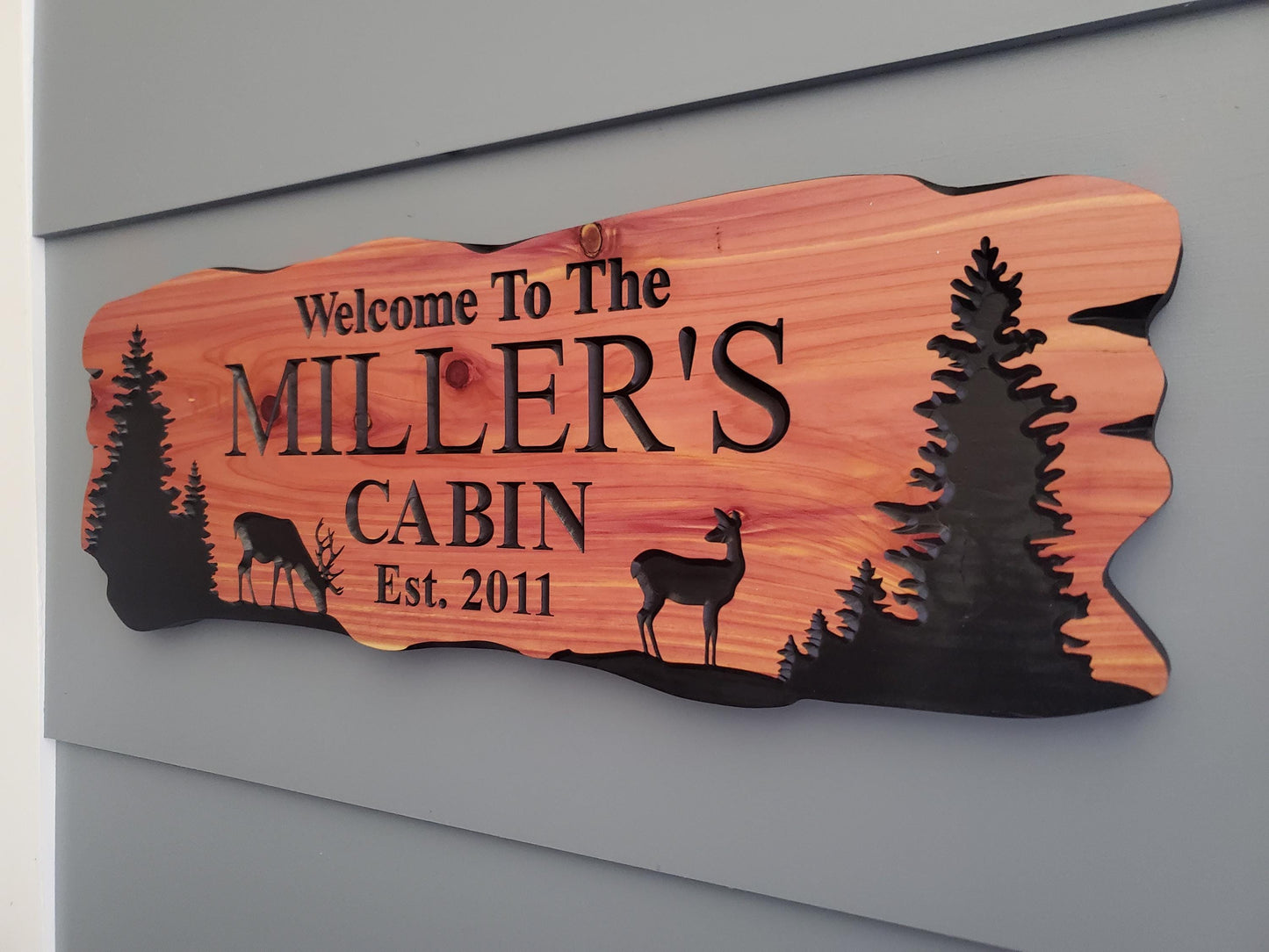 Custom Rustic Cabin Sign, Personalized Family Last Name Outdoor Wooden Plaque, Exterior Welcome With Established Date, Deer Camp Woods Scene