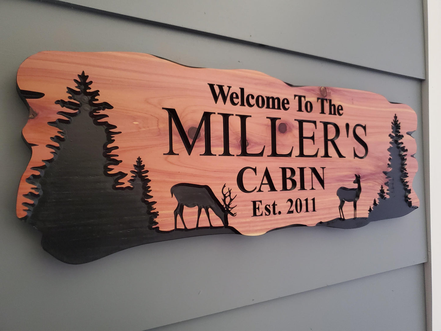Custom Rustic Cabin Sign, Personalized Family Last Name Outdoor Wooden Plaque, Exterior Welcome With Established Date, Deer Camp Woods Scene