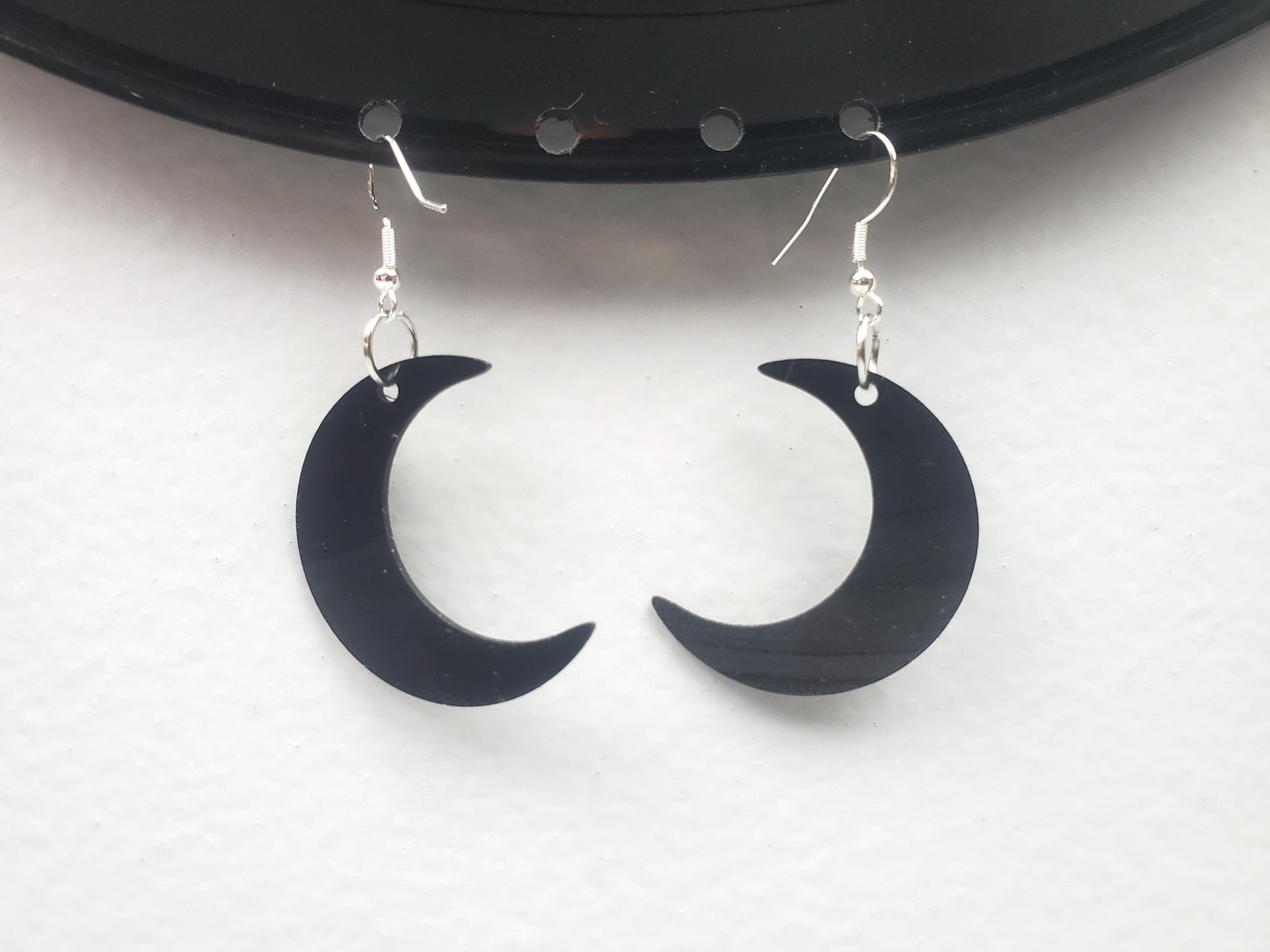 Repurposed Crescent Moon Earrings Made From Upcycled Vinyl Records, Lunar Celestial Fashion Jewelry Moon Sillouette, Moon Shape Dangle