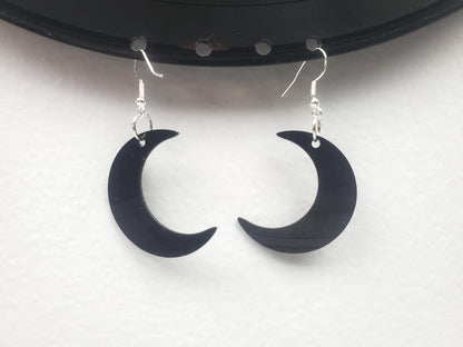 Repurposed Crescent Moon Earrings Made From Upcycled Vinyl Records, Lunar Celestial Fashion Jewelry Moon Sillouette, Moon Shape Dangle