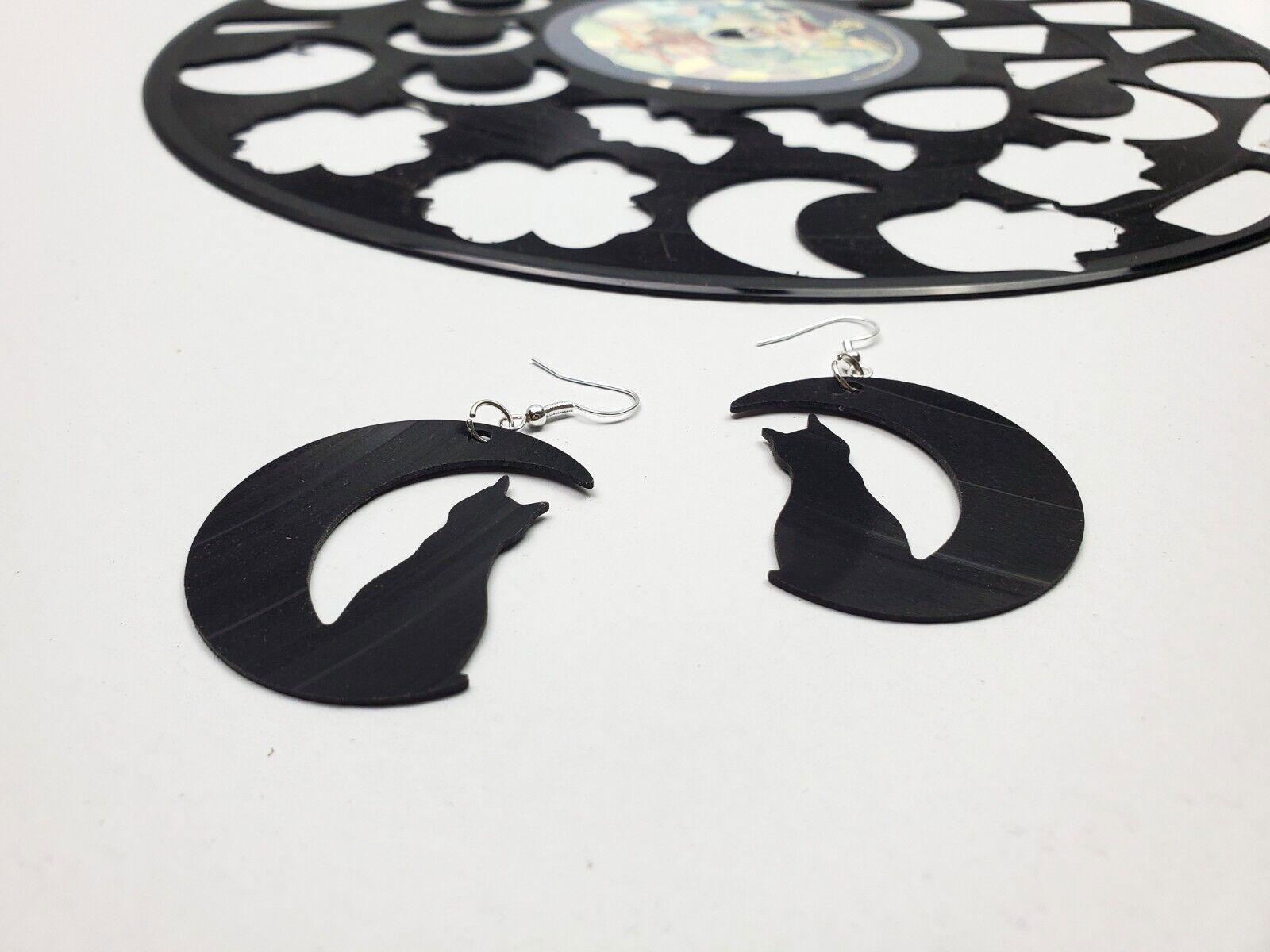 Repurposed Black Cat Crescent Moon Earrings Made From Upcycled Vinyl Records, Lunar Celestial Fashion Jewelry Moon Sillouette, Moon Shape