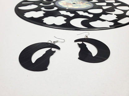 Repurposed Black Cat Crescent Moon Earrings Made From Upcycled Vinyl Records, Lunar Celestial Fashion Jewelry Moon Sillouette, Moon Shape
