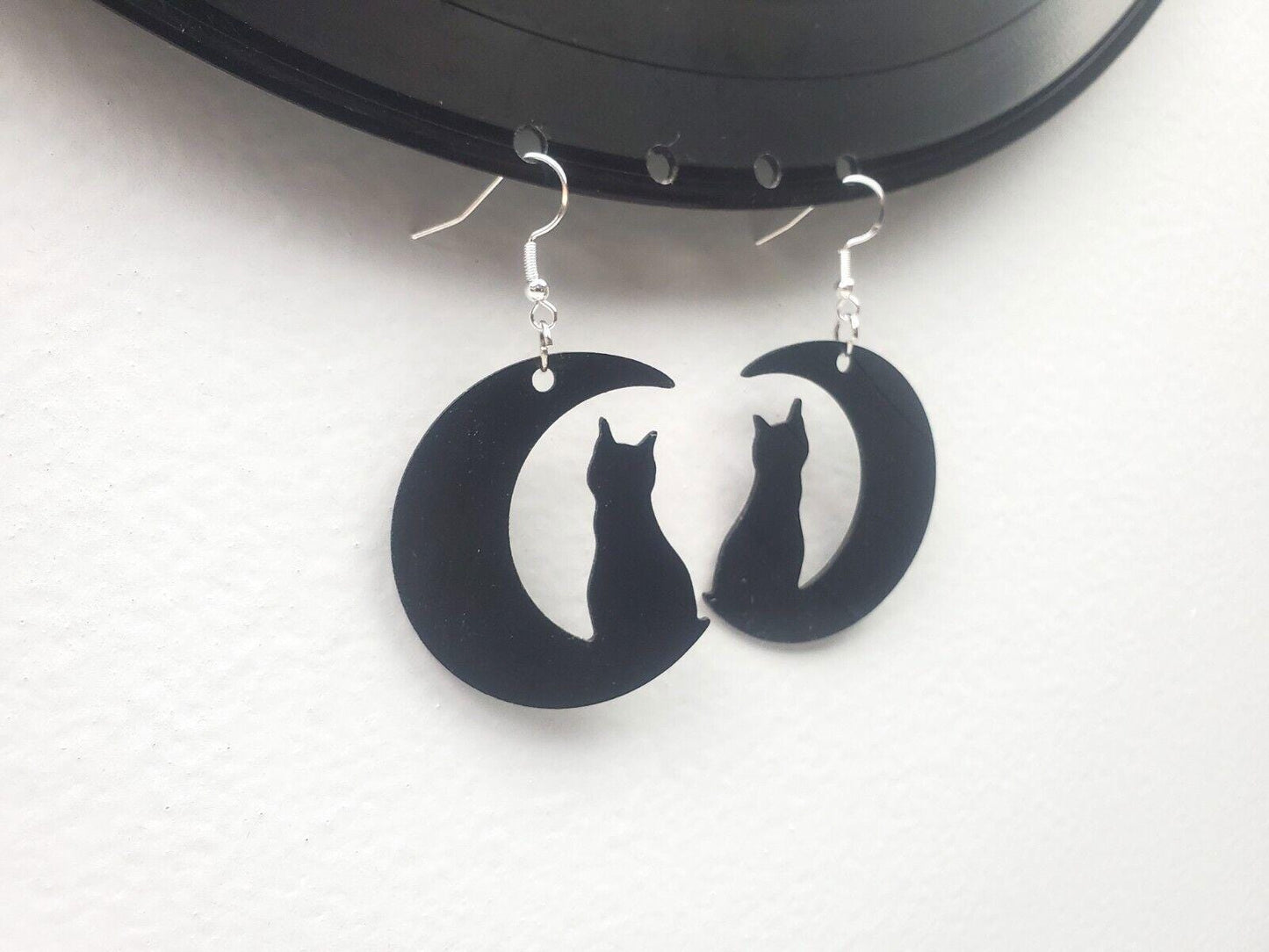Repurposed Black Cat Crescent Moon Earrings Made From Upcycled Vinyl Records, Lunar Celestial Fashion Jewelry Moon Sillouette, Moon Shape