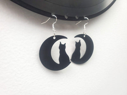 Repurposed Black Cat Crescent Moon Earrings Made From Upcycled Vinyl Records, Lunar Celestial Fashion Jewelry Moon Sillouette, Moon Shape