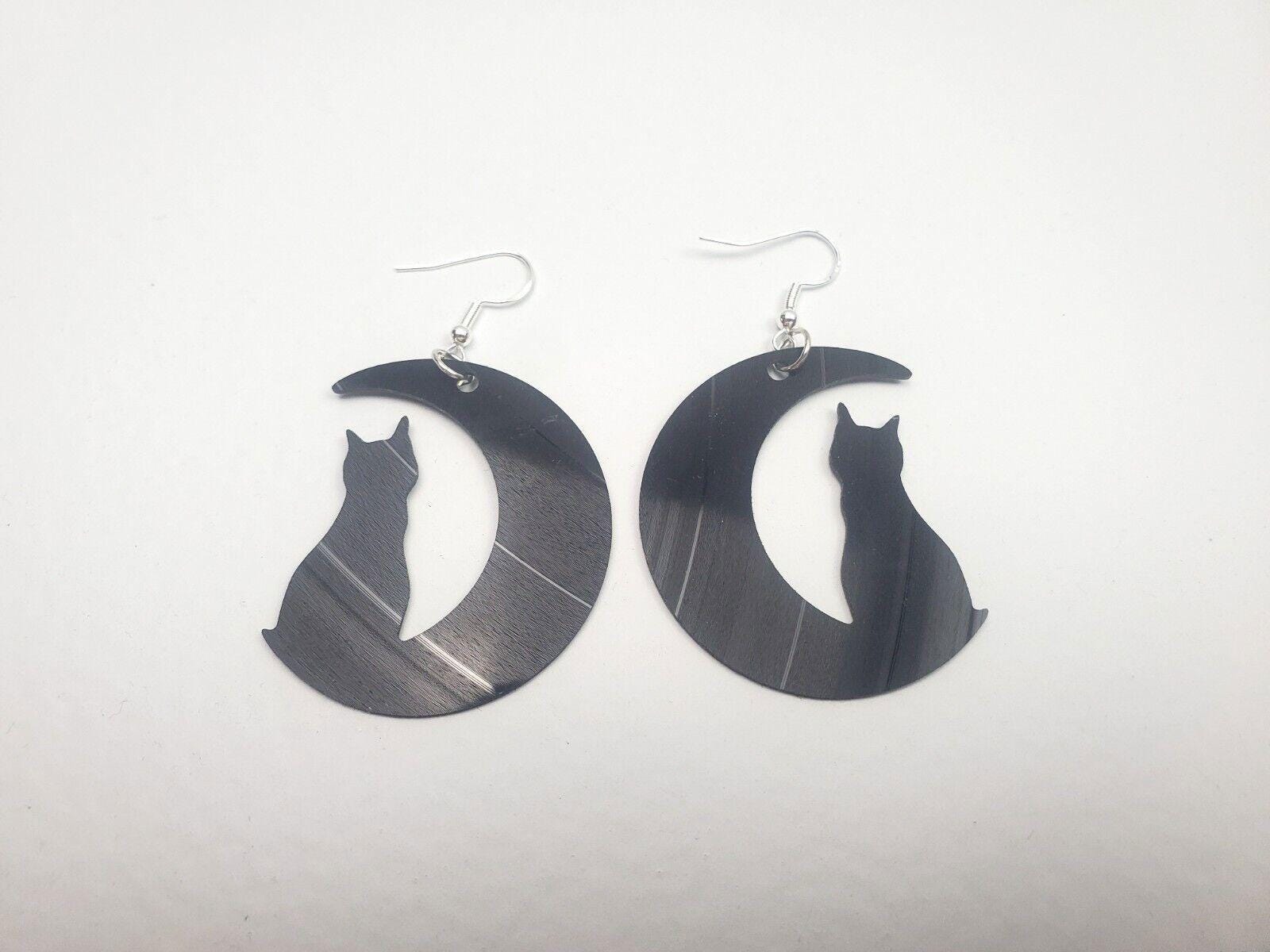 Repurposed Black Cat Crescent Moon Earrings Made From Upcycled Vinyl Records, Lunar Celestial Fashion Jewelry Moon Sillouette, Moon Shape