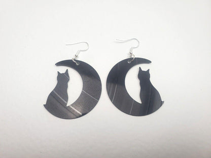 Repurposed Black Cat Crescent Moon Earrings Made From Upcycled Vinyl Records, Lunar Celestial Fashion Jewelry Moon Sillouette, Moon Shape