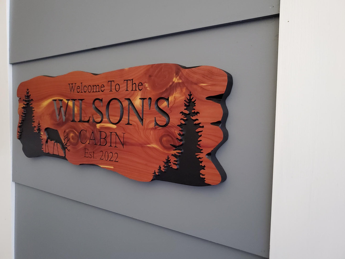 Custom Cabin Sign, Personalized Rustic Family Last Name Outdoor Wooden Plaque, Exterior Welcome With Established Date, Deer Camp Woods Scene
