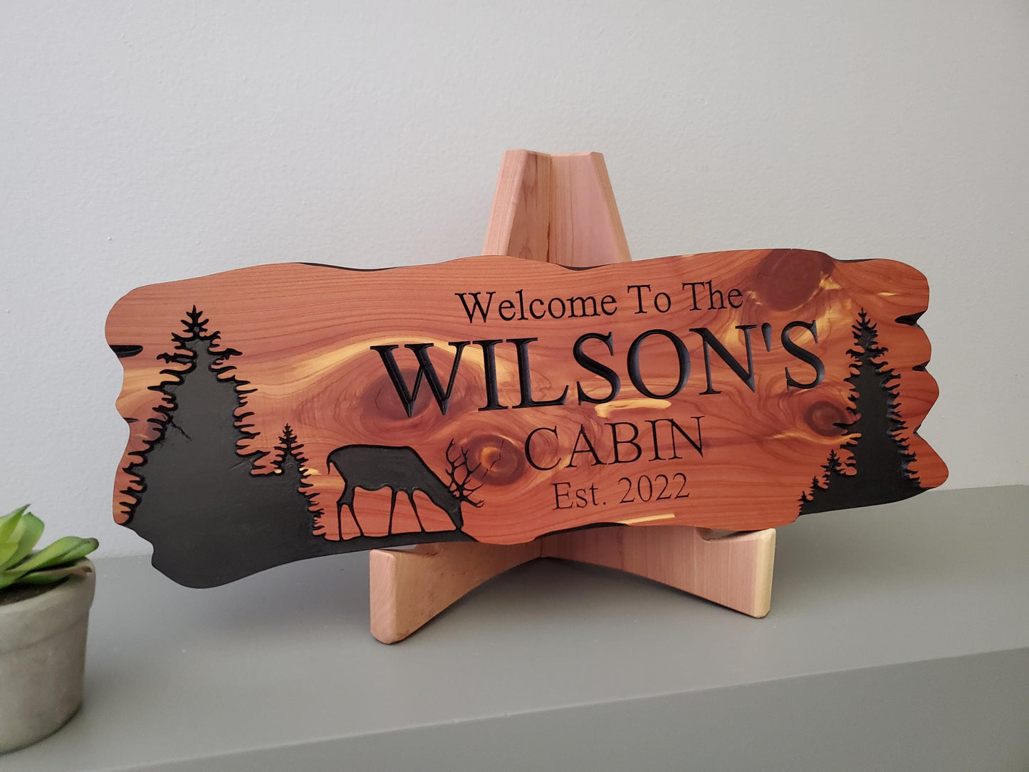 Custom Cabin Sign, Personalized Rustic Family Last Name Outdoor Wooden Plaque, Exterior Welcome With Established Date, Deer Camp Woods Scene