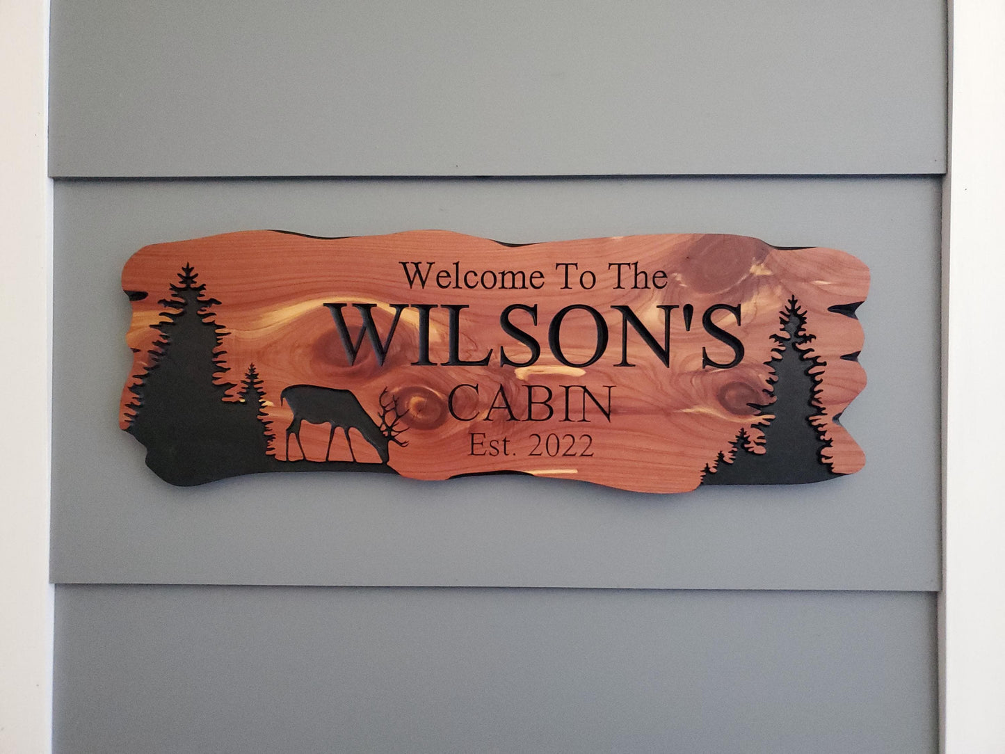 Custom Cabin Sign, Personalized Rustic Family Last Name Outdoor Wooden Plaque, Exterior Welcome With Established Date, Deer Camp Woods Scene