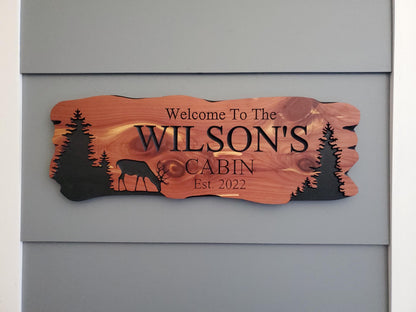 Custom Cabin Sign, Personalized Rustic Family Last Name Outdoor Wooden Plaque, Exterior Welcome With Established Date, Deer Camp Woods Scene