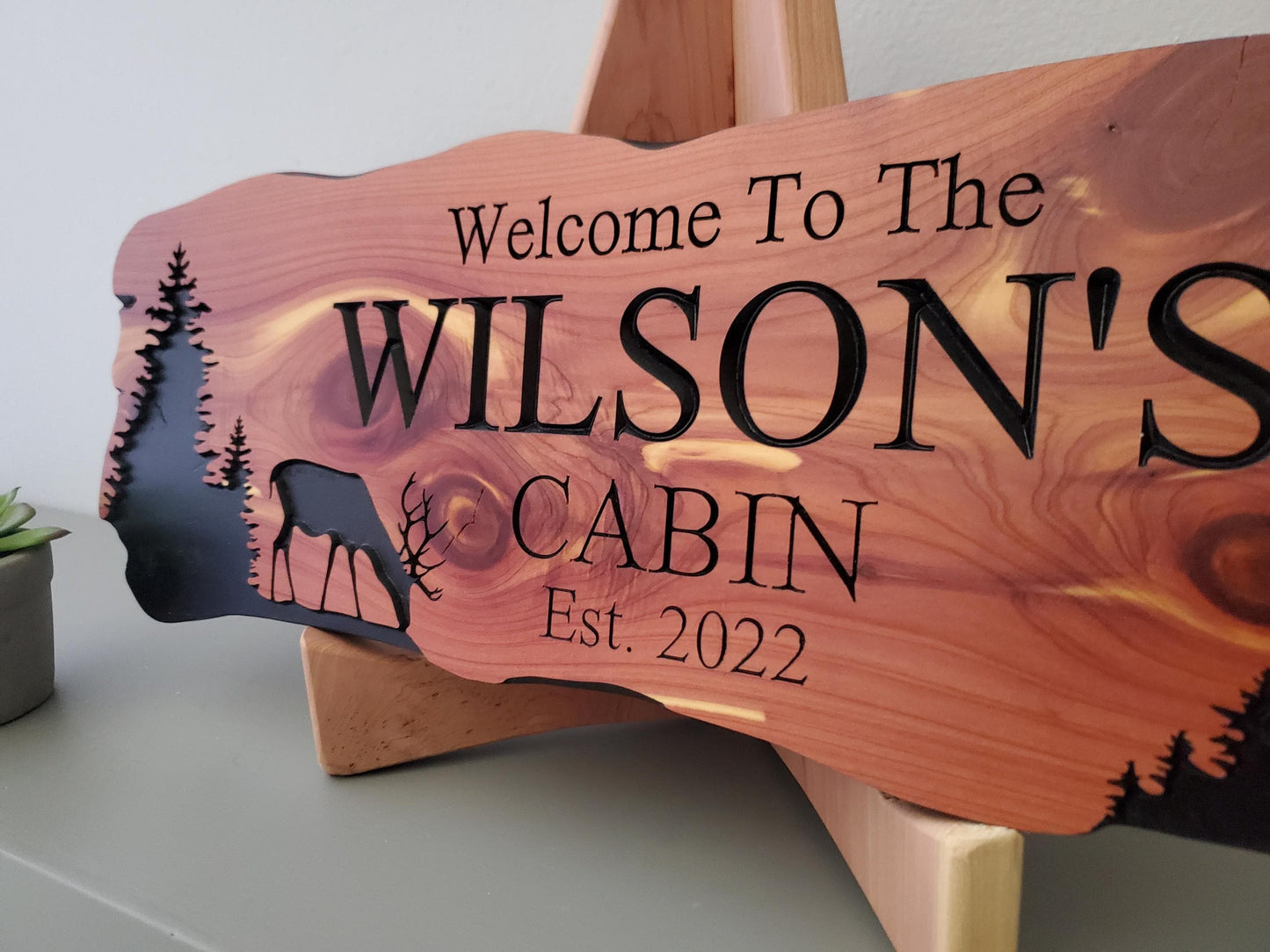 Custom Cabin Sign, Personalized Rustic Family Last Name Outdoor Wooden Plaque, Exterior Welcome With Established Date, Deer Camp Woods Scene