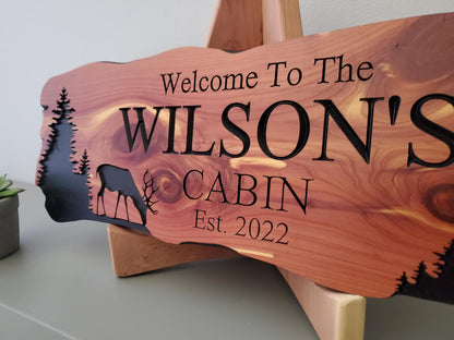 Custom Cabin Sign, Personalized Rustic Family Last Name Outdoor Wooden Plaque, Exterior Welcome With Established Date, Deer Camp Woods Scene