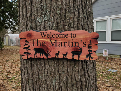 Outdoor Custom Family Name Sign, Personalized Rustic Exterior Wooden Plaque, Deer Nature Wooded Scene, Carved Wood Outside Welcome Sign