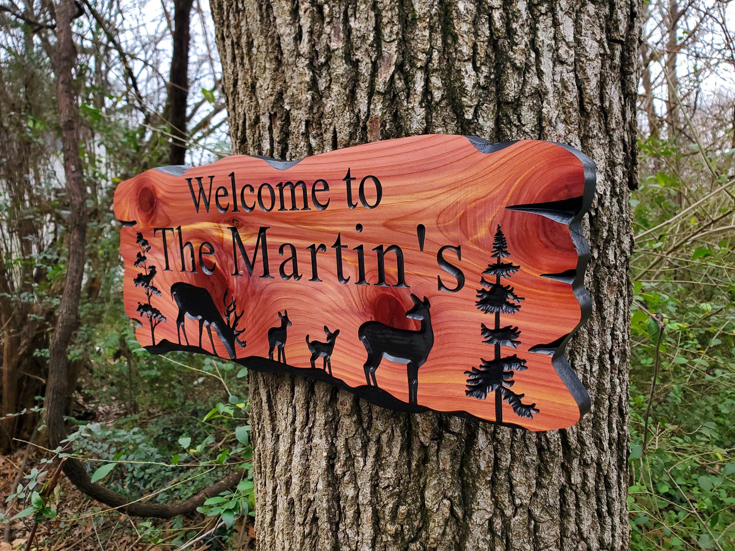 Outdoor Custom Family Name Sign, Personalized Rustic Exterior Wooden Plaque, Deer Nature Wooded Scene, Carved Wood Outside Welcome Sign
