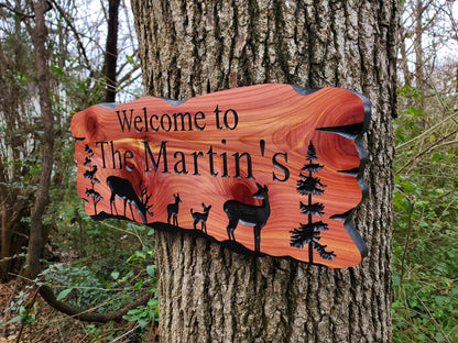 Outdoor Custom Family Name Sign, Personalized Rustic Exterior Wooden Plaque, Deer Nature Wooded Scene, Carved Wood Outside Welcome Sign