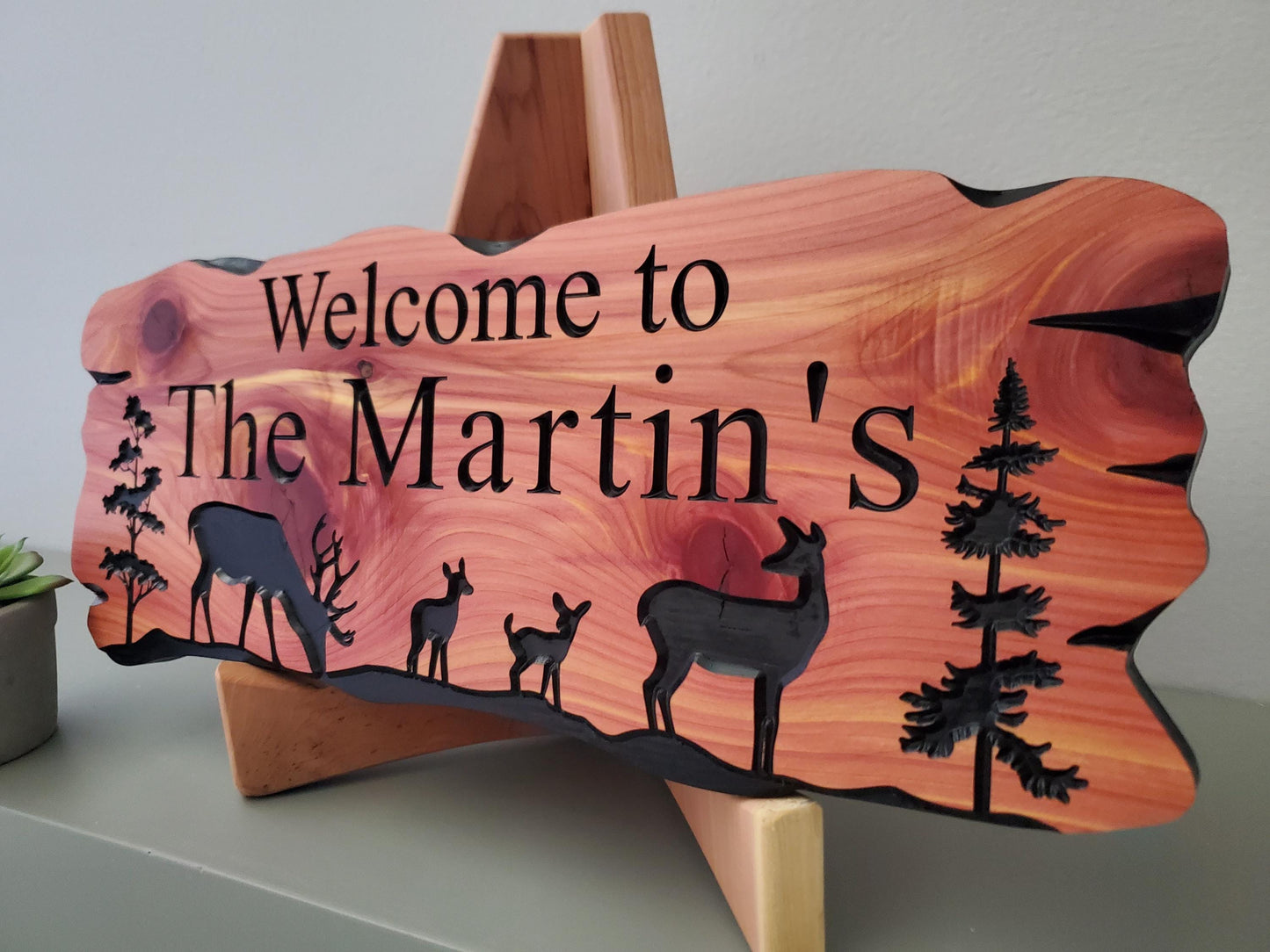 Outdoor Custom Family Name Sign, Personalized Rustic Exterior Wooden Plaque, Deer Nature Wooded Scene, Carved Wood Outside Welcome Sign