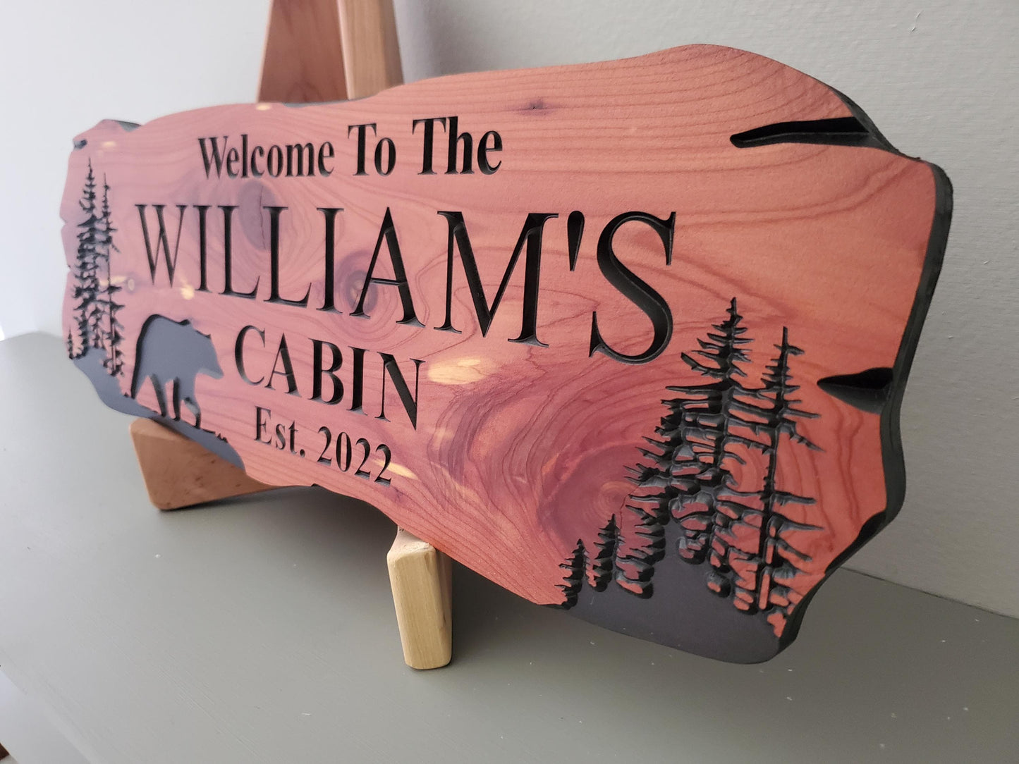 Custom Cabin Sign, Personalized Rustic Vacation Home Wooden Plaque, Family Name Outdoor Wood, Exterior Welcome Established Date, Bear Nature