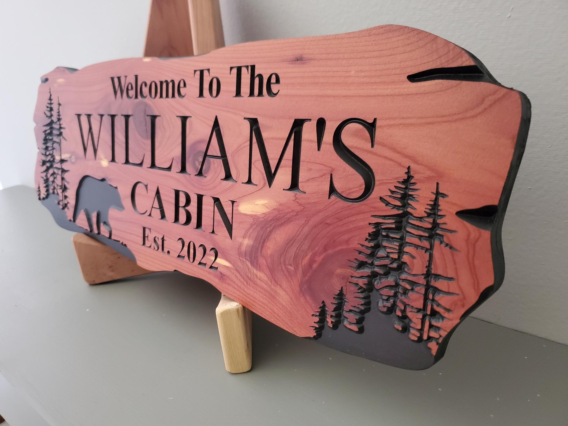 Custom Cabin Sign, Personalized Rustic Vacation Home Wooden Plaque, Family Name Outdoor Wood, Exterior Welcome Established Date, Bear Nature