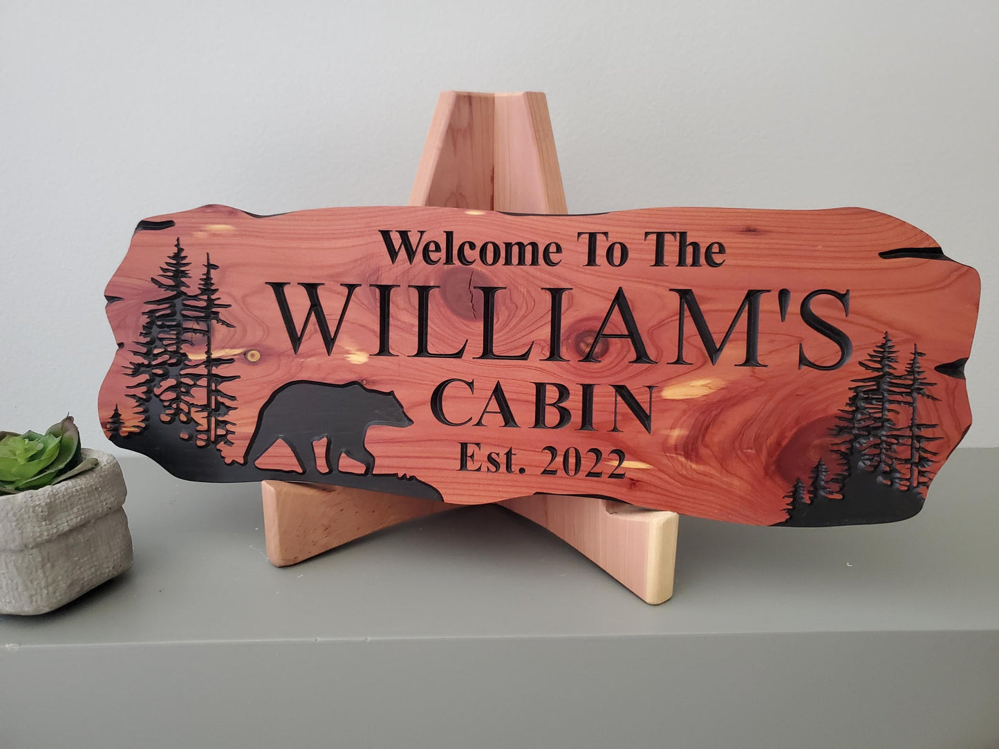 Custom Cabin Sign, Personalized Rustic Vacation Home Wooden Plaque, Family Name Outdoor Wood, Exterior Welcome Established Date, Bear Nature