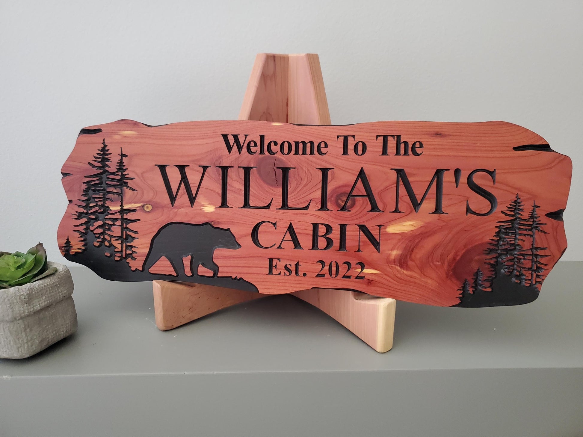 Custom Cabin Sign, Personalized Rustic Vacation Home Wooden Plaque, Family Name Outdoor Wood, Exterior Welcome Established Date, Bear Nature