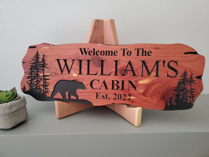 Custom Cabin Sign, Personalized Rustic Vacation Home Wooden Plaque, Family Name Outdoor Wood, Exterior Welcome Established Date, Bear Nature