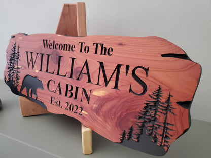 Custom Cabin Sign, Personalized Rustic Vacation Home Wooden Plaque, Family Name Outdoor Wood, Exterior Welcome Established Date, Bear Nature