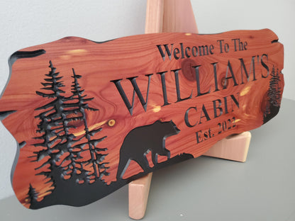 Custom Cabin Sign, Personalized Rustic Vacation Home Wooden Plaque, Family Name Outdoor Wood, Exterior Welcome Established Date, Bear Nature