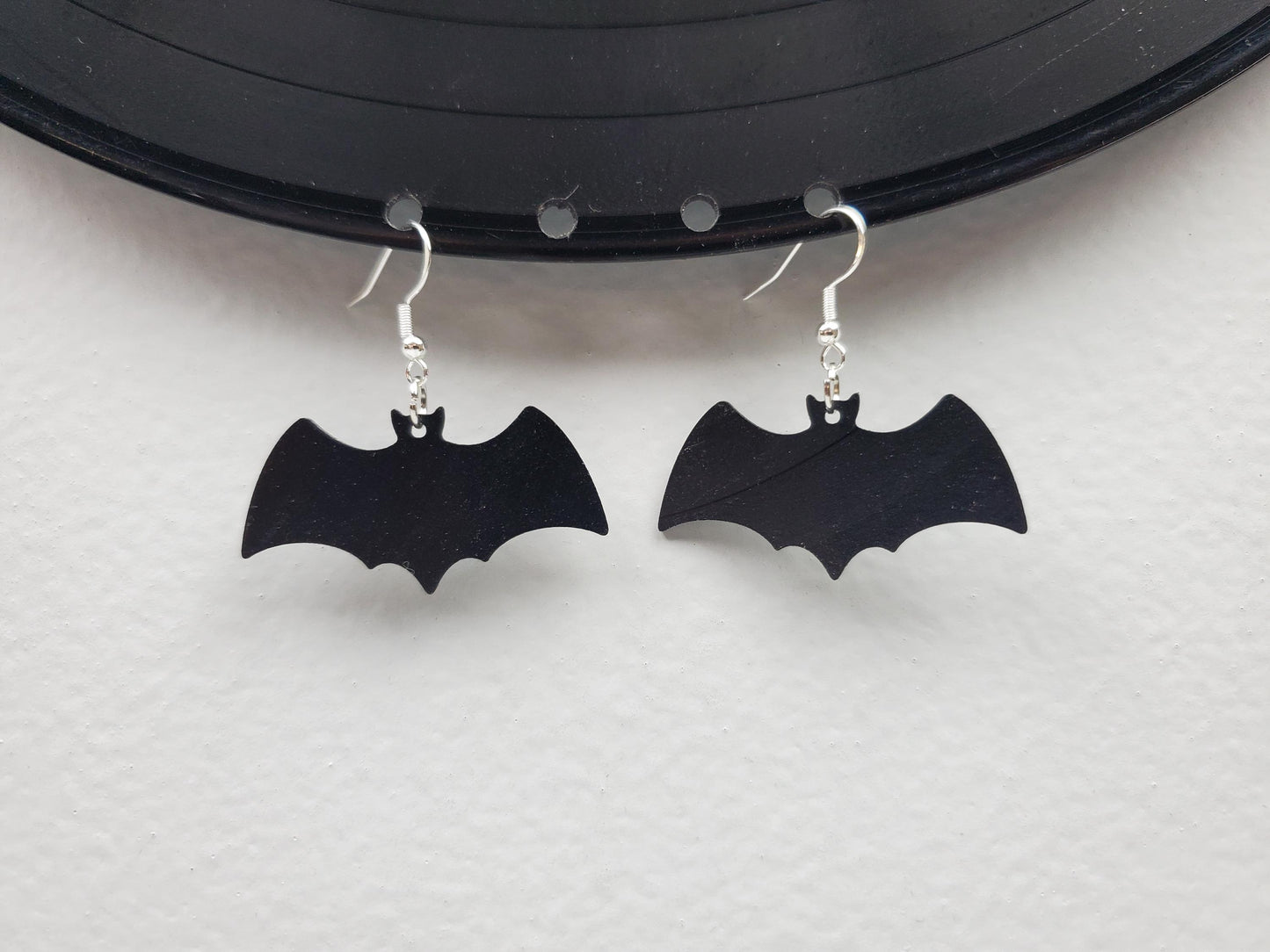 Black Bat Earrings, Repurposed Made From Upcycled Vinyl Music Records, Recylced Fashion Jewelry, Bat Sillouette Shape, Dangle Earrings