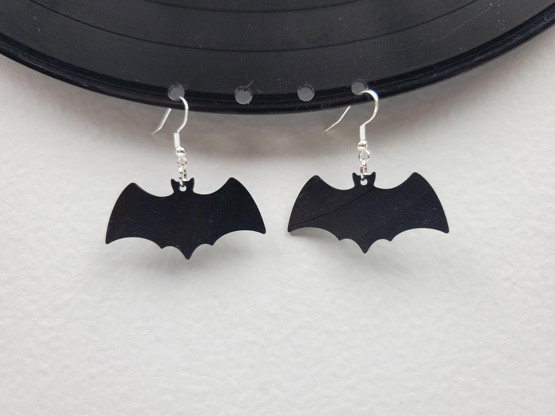 Black Bat Earrings, Repurposed Made From Upcycled Vinyl Music Records, Recylced Fashion Jewelry, Bat Sillouette Shape, Dangle Earrings