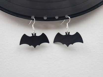 Black Bat Earrings, Repurposed Made From Upcycled Vinyl Music Records, Recylced Fashion Jewelry, Bat Sillouette Shape, Dangle Earrings
