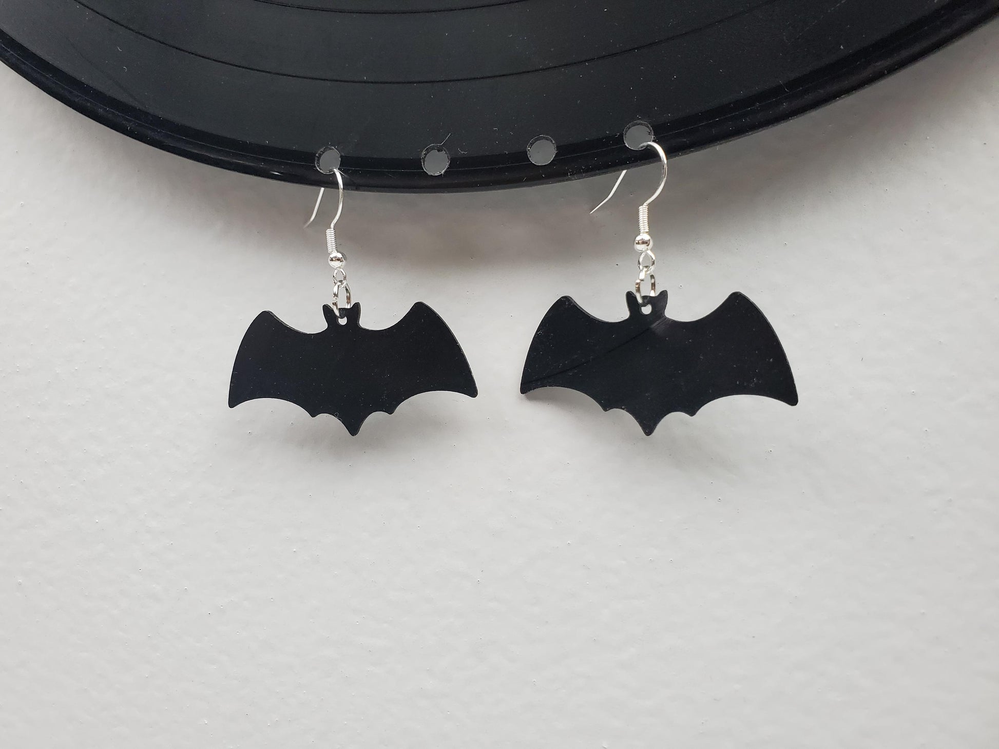 Black Bat Earrings, Repurposed Made From Upcycled Vinyl Music Records, Recylced Fashion Jewelry, Bat Sillouette Shape, Dangle Earrings