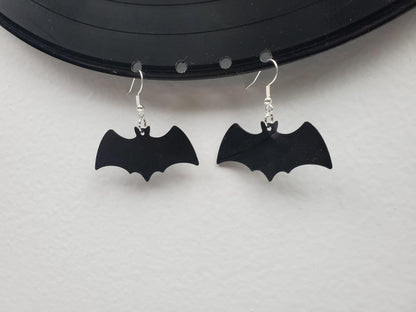 Black Bat Earrings, Repurposed Made From Upcycled Vinyl Music Records, Recylced Fashion Jewelry, Bat Sillouette Shape, Dangle Earrings