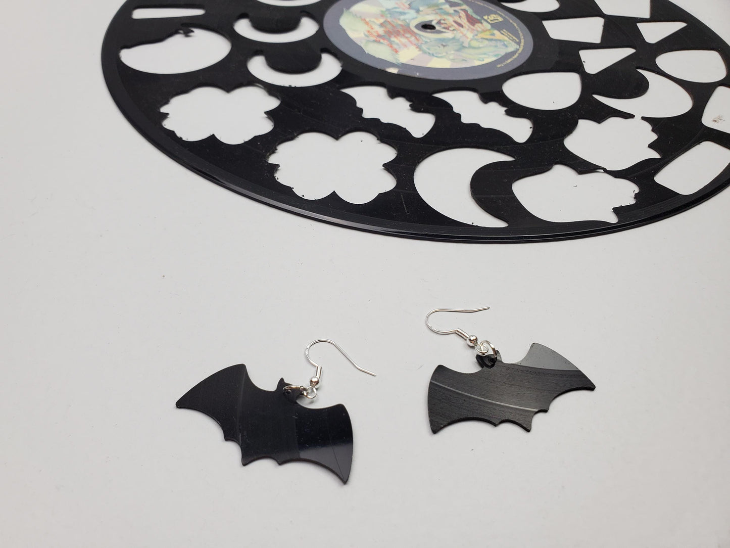 Black Bat Earrings, Repurposed Made From Upcycled Vinyl Music Records, Recylced Fashion Jewelry, Bat Sillouette Shape, Dangle Earrings
