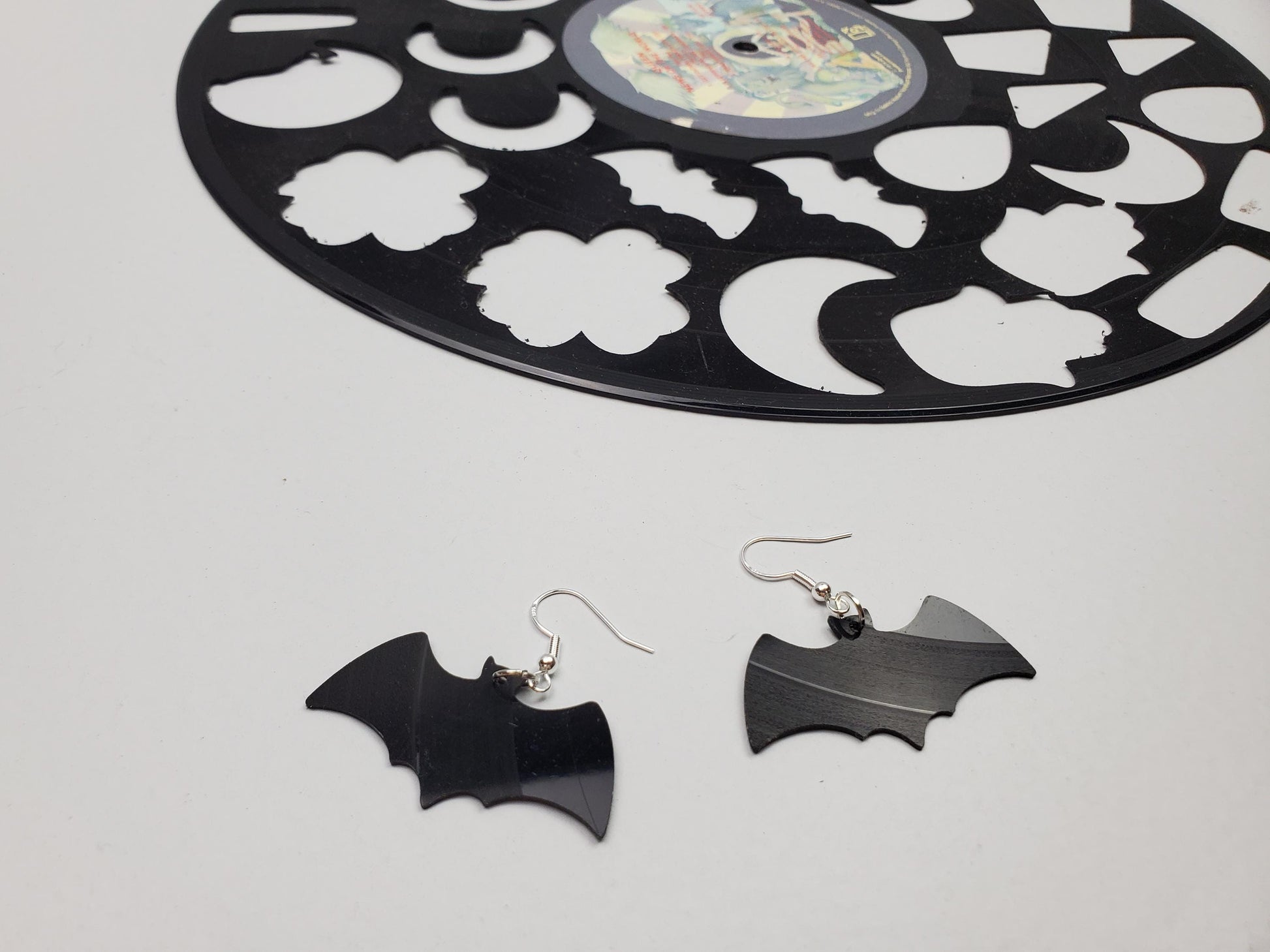 Black Bat Earrings, Repurposed Made From Upcycled Vinyl Music Records, Recylced Fashion Jewelry, Bat Sillouette Shape, Dangle Earrings