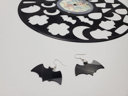Black Bat Earrings, Repurposed Made From Upcycled Vinyl Music Records, Recylced Fashion Jewelry, Bat Sillouette Shape, Dangle Earrings