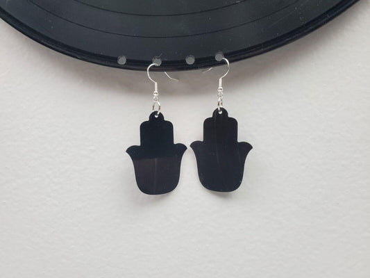 Hamsa Hands Earrings Repurposed Vintage Music Records, Recycled Upcycled Fashion Jewelry, Reclaimed LP Music Album Black Drop Hamsa Earrings