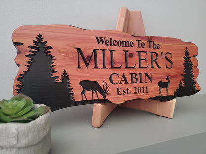 Custom Rustic Cabin Sign, Personalized Family Last Name Outdoor Wooden Plaque, Exterior Welcome With Established Date, Deer Camp Woods Scene
