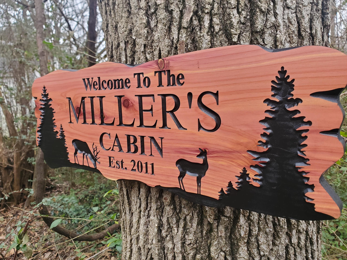Custom Rustic Cabin Sign, Personalized Family Last Name Outdoor Wooden Plaque, Exterior Welcome With Established Date, Deer Camp Woods Scene