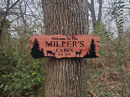 Custom Rustic Cabin Sign, Personalized Family Last Name Outdoor Wooden Plaque, Exterior Welcome With Established Date, Deer Camp Woods Scene