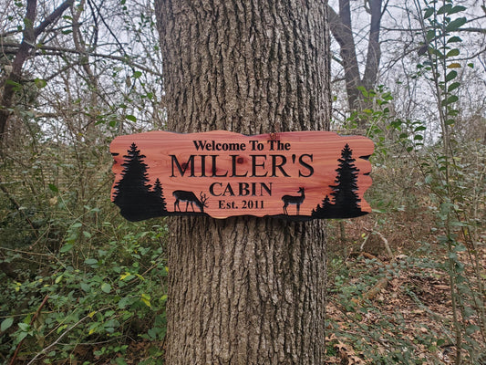 Custom Rustic Cabin Sign, Personalized Family Last Name Outdoor Wooden Plaque, Exterior Welcome With Established Date, Deer Camp Woods Scene