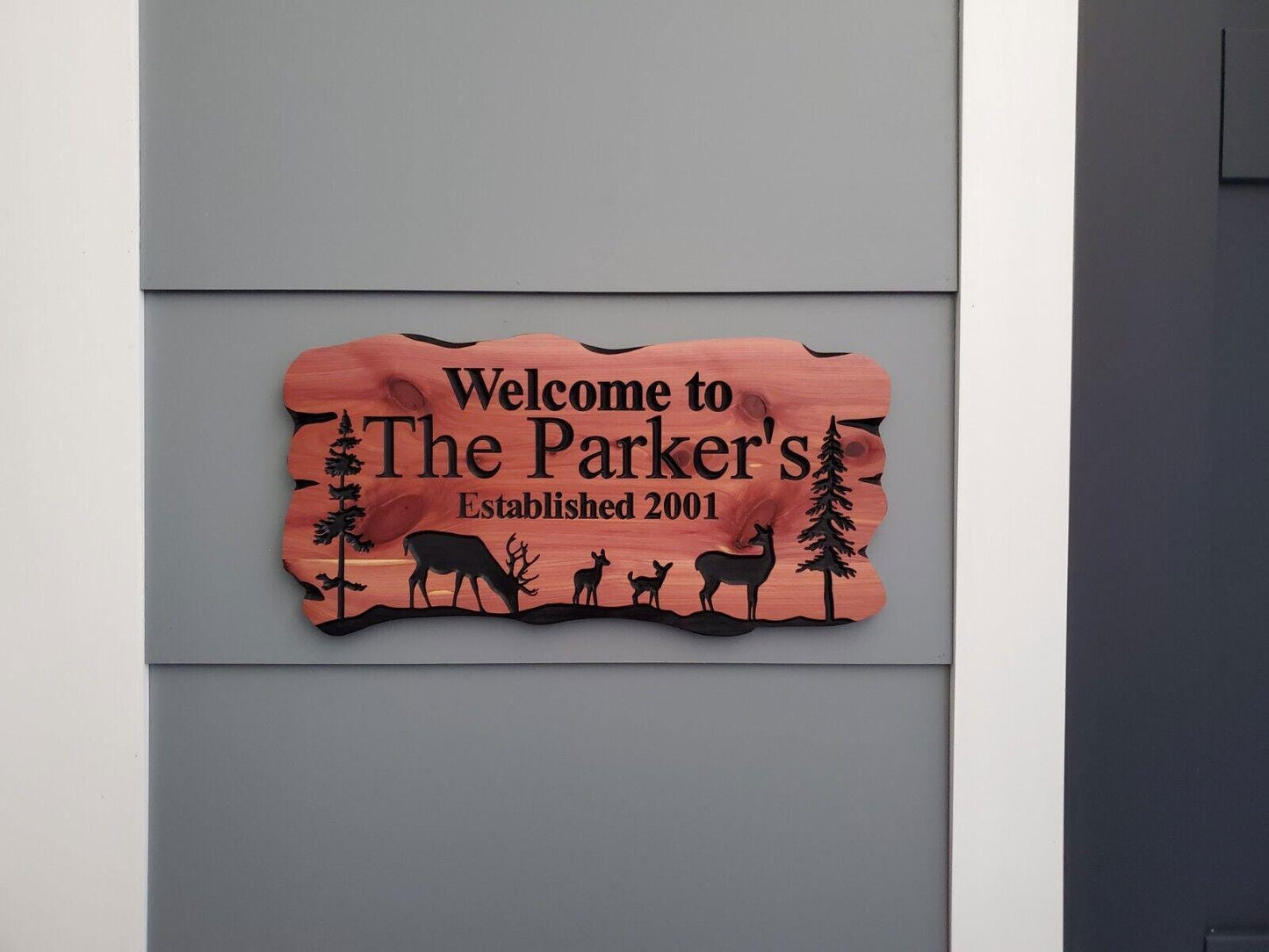 Rustic Family Name Sign, Exterior Personalized Est Date Wooden Plaque, Outdoor Deer Wooded Scene, Custom Carved Wood Outside Established