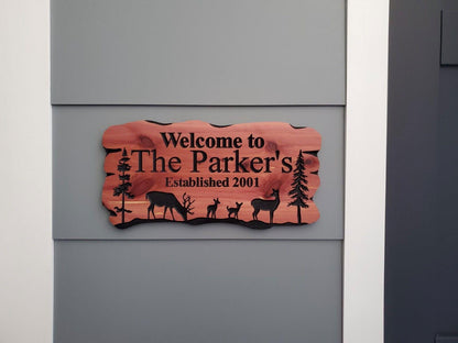 Rustic Family Name Sign, Exterior Personalized Est Date Wooden Plaque, Outdoor Deer Wooded Scene, Custom Carved Wood Outside Established