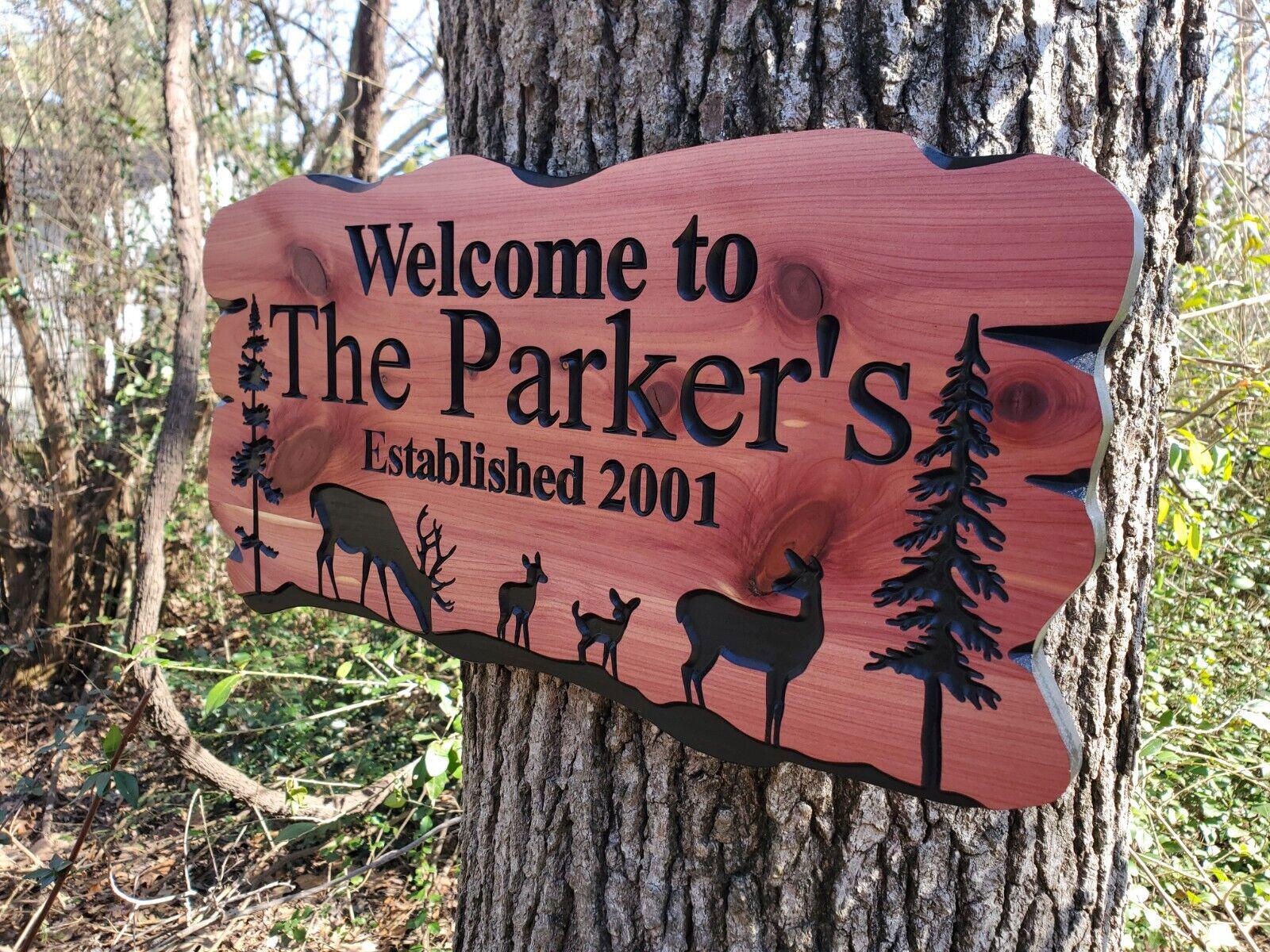 Rustic Family Name Sign, Exterior Personalized Est Date Wooden Plaque, Outdoor Deer Wooded Scene, Custom Carved Wood Outside Established