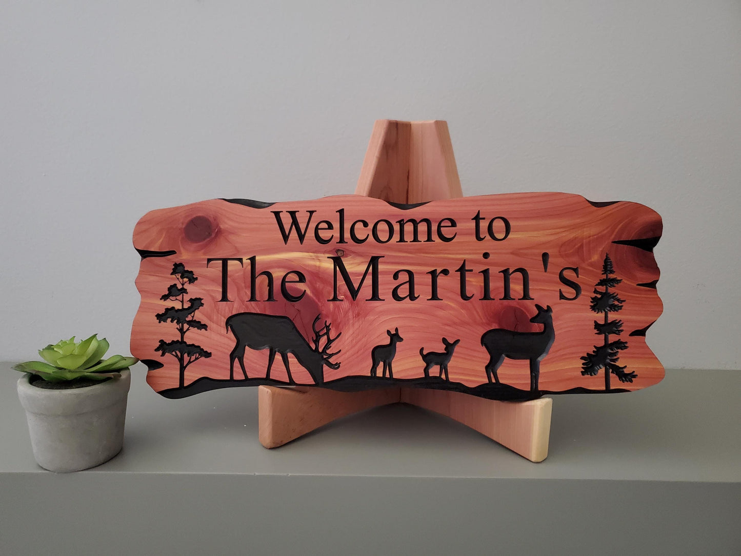 Outdoor Custom Family Name Sign, Personalized Rustic Exterior Wooden Plaque, Deer Nature Wooded Scene, Carved Wood Outside Welcome Sign