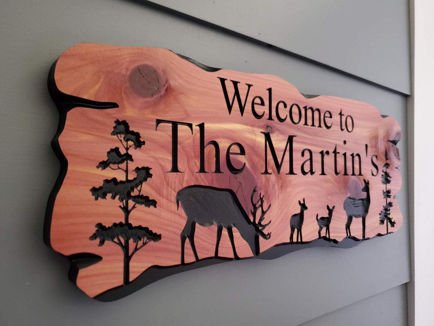 Outdoor Custom Family Name Sign, Personalized Rustic Exterior Wooden Plaque, Deer Nature Wooded Scene, Carved Wood Outside Welcome Sign