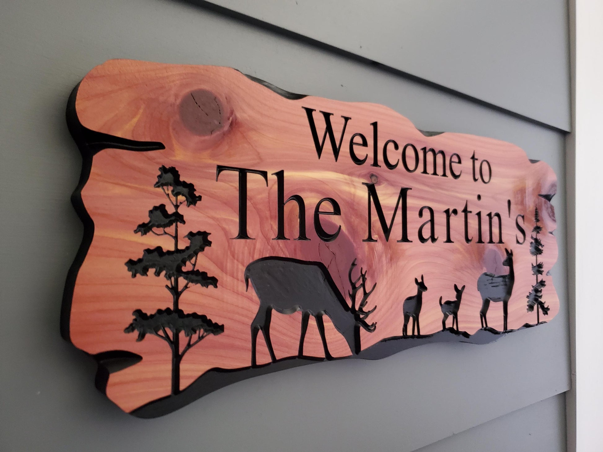 Outdoor Custom Family Name Sign, Personalized Rustic Exterior Wooden Plaque, Deer Nature Wooded Scene, Carved Wood Outside Welcome Sign